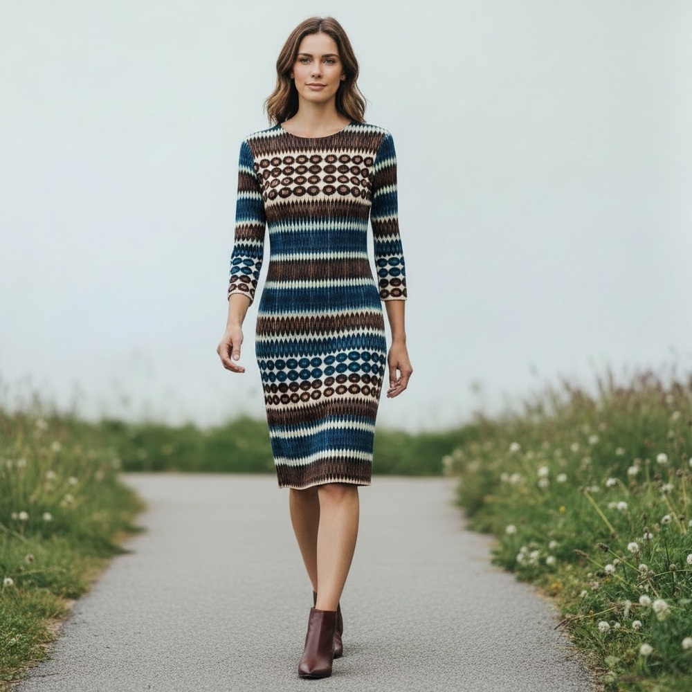Karen Kane Sheath Dress Indigo Bay Abstract Geometric Print 3/4 Sleeve Size S